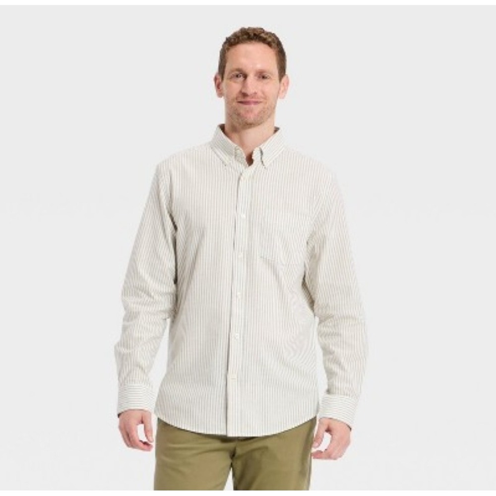 Goodfellow & Co NWOT Small‎ Shirt Taupe White Pinstriped Slim Poplin Button-up